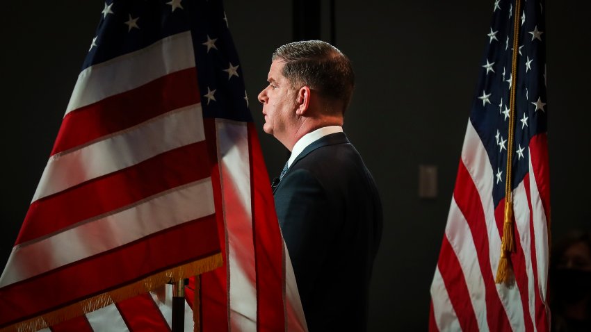 BOSTON, MA – JANUARY 12: Boston Mayor Marty Walsh Walsh delivers the State of the City on Tuesday evening at the Roxbury Branch of the Boston Public Library in Boston on Jan. 12, 2021. President-elect Joe Biden has chosen Boston Mayor Martin J. Walsh as his nominee for labor secretary, tapping a longtime friend and former union president for the Cabinet position in what would mark a seismic shift in the citys politics, his presidential transition team announced Thursday. (Photo by Erin Clark/The Boston Globe via Getty Images)