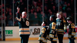 In this Jan. 17, 2018, file photo, Boston Bruins legend Willie O'Ree is honored before a game between the Bruins and the Montreal Canadiens at Boston's TD Garden.