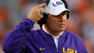 In this Sept. 24, 2016, file photo, head coach Les Miles of the LSU Tigers looks on during the game against the Auburn Tigers at Jordan-Hare Stadium in Auburn, Alabama.
