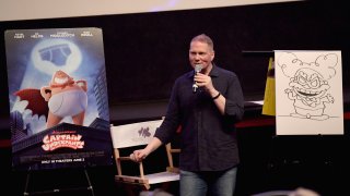 In this June 1, 2017, file photo, Author Dav Pilkey speaks to moviegoers after the screening of Captain Underpants during Greenwich International Film Festival, Day 1 in Greenwich, Connecticut.
