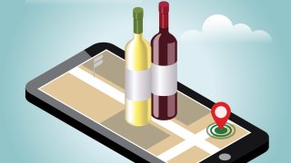An illustration of wine being delivered over a cellphone
