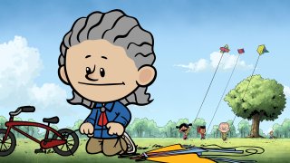 This image released by PBS Kids shows an animated Temple Grandin, foreground, as other characters Yadina, from background left, Xavier and Brad fly kites in a scene from “Xavier Riddle and the Secret Museum.”