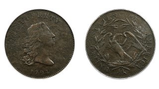 The front and back piece of copper that was struck by the U.S. Mint in Philadelphia in 1794 was a prototype for the fledgling nation's money. The item, which is known as the “No Stars Flowing Hair Dollar," is owned by businessman and Texas Rangers co-chairman Bob Simpson and will go up for auction at Heritage Auctions in Dallas on Friday, April 23, 2021.