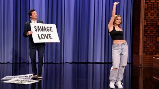 In this March 26, 2021, file photo, singer Addison Rae teaches host Jimmy Fallon TikTok dances on "The Tonight Show Starring Jimmy Fallon."