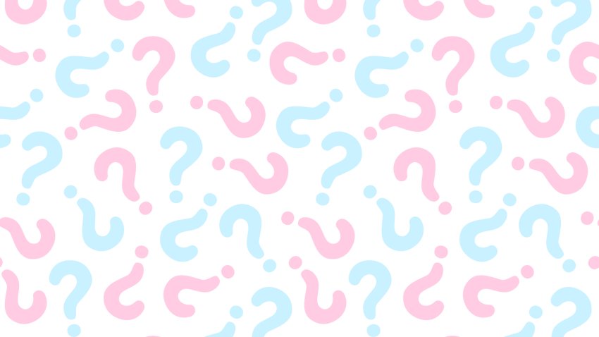 Gender reveal party background. Ornate vector seamless pattern with question mark pink and blue color