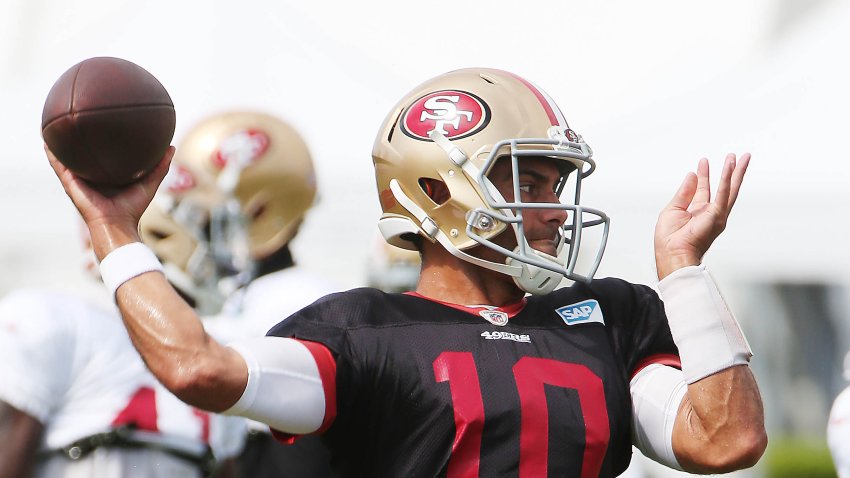 SANTA CLARA, CA – AUGUST 17: San Francisco 49ers’ quarterback Jimmy Garoppolo passes the football as he practices on the field during San Francisco 49ers’ 2020 training camp practice at the SAP Performance Facility at Levi’s Stadium on Monday, August 17, 2020 in Santa Clara, Calif. (Lea Suzuki/The San Francisco Chronicle via Getty Images)