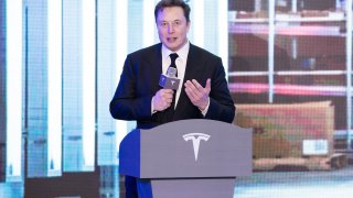 Tesla CEO Elon Musk speaks at a delivery ceremony for Tesla China-made Model 3 in Shanghai, east China, Jan. 7, 2020.