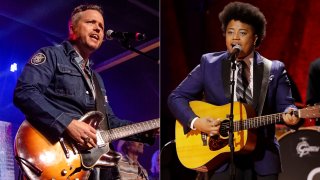 Jason Isbell performs at the To Nashville, With Love Benefit Concert in Nashville, Tenn. on March 9, 2020, left, and Amythyst Kiah of Our Native Daughters performs