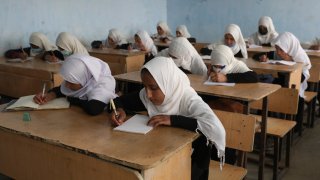 Afghan girls students attend school classes in a primary school in Kabul,