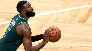 Jaylen Brown of the Boston Celtics shoots a free throw during the game against the Charlotte Hornets at TD Garden in Boston on April 28, 2021.