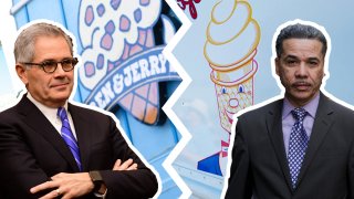 Left: Philadelphia District Attorney Larry Krasner, placed in front of a Ben & Jerry's logo. Right: His opponent in the DA's race, Carlos Vega, placed in front of a Mister Softee logo.