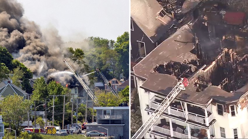 A fire burning in Revere, Massachusetts, and its aftermath -- a gutted building