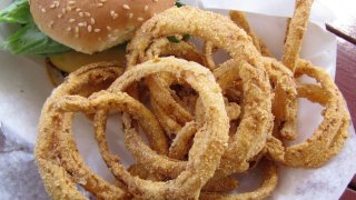 Burger and onion rings from White Cottage in Woodstock