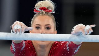 MyKayla Skinner, of the United States, performs on the uneven bars during the women's artistic gymnastic qualifications at the 2020 Summer Olympics, Sunday, July 25, 2021, in Tokyo.