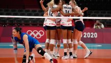 United States teammates celebrate during the women's volleyball preliminary round pool B match between China and United States at the 2020 Olympics on July 27, 2021, in Tokyo, Japan.