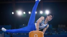 Daiki Hashimoto, of Japan, performs on the pommel horse during the artistic gymnastic men's all-around final at the 2020 Summer Olympics, Wednesday, July 28, 2021, in Tokyo.