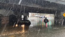 Cars stuck in flood waters in Darien Connecticut