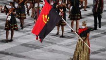 Delegation from Angola takes part in the Parade of Nations at the opening ceremony of the Tokyo 2020 Summer Olympic Games at the National Stadium.