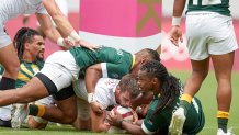 Branco du Preez of South Africa and Brett Thompson of USA battle for the ball during the Rugby Pool C match between South Africa and United States on day four of the Tokyo 2020 Olympic Games at Tokyo Stadium on July 27, 2021 in Chofu, Tokyo, Japan.