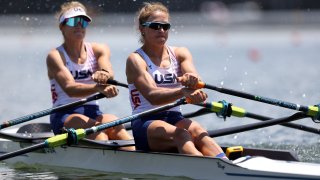 Kristina Wagner and Gevvie Stone of Team United States compete during the Women’s Double Sculls Heat 1 on Day 0 during the Tokyo 2020 Olympic Games