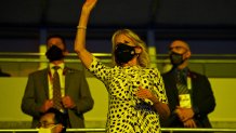First lady Jill Biden waves during the Opening Ceremony of the Tokyo 2020 Olympic Games at Olympic Stadium on July 23, 2021 in Tokyo, Japan.