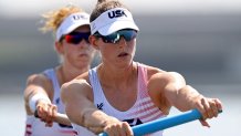 Tracy Eisser and Megan Kalmoe of Team United States compete during the Women's Pair Heat 1 on day one of the Tokyo 2020 Olympic Games at Sea Forest Waterway on July 24, 2021 in Tokyo, Japan.