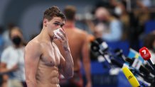 Michael Andrew of Team USA is interviewed after competing in heat five of the Men's 100m Breaststroke on July 24, 2021 in Tokyo, Japan.