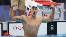 Chase Kalisz of United States celebrates winning the Men's 400m IM on day two of the Tokyo 2020 Olympic Games at Tokyo Aquatics Centre on July 25, 2021 in Tokyo, Japan.