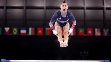 Jennifer Gadirova of Team Great Britain competes on uneven bars during the Women's All-Around Final on day six of the Tokyo 2020 Olympic Games at Ariake Gymnastics Centre on July 29, 2021 in Tokyo, Japan.