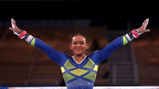 Rebeca Andrade competes on bars