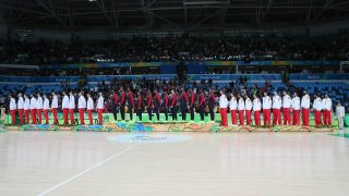 Players stand side by side at the medal ceremony at Rio.