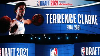 Jul 29, 2021; Brooklyn, New York, USA; NBA commissioner Adam Silver honors deceased Kentucky player Terrence Clarke during the first round of the 2021 NBA Draft at Barclays Center. Mandatory Credit: Brad Penner-USA TODAY Sports