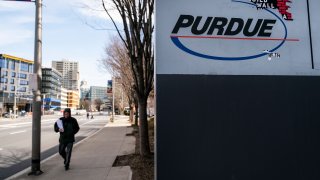 STAMFORD, CT - APRIL 2: Signage for Purdue Pharma headquarters stands in downtown Stamford, April 2, 2019 in Stamford, Connecticut. Purdue Pharma, the maker of OxyContin, and its owners, the Sackler family, are facing hundreds of lawsuits across the country for the company's alleged role in the opioid epidemic that has killed more than 200,000 Americans over the past 20 years.