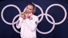 Gold Medalist Jade Carey of Team USA poses with her medal after winning the Women's Floor Final on day ten of the Tokyo 2020 Olympic Games at Ariake Gymnastics Centre on Aug. 2, 2021 in Tokyo, Japan.