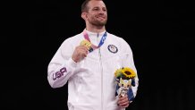 Men's Freestyle 86kg gold medalist David Morris Taylor III of Team United States poses with his medal during the Victory Ceremony on day thirteen of the Tokyo 2020 Olympic Games at Makuhari Messe Hall on Aug. 5, 2021, in Chiba, Japan.