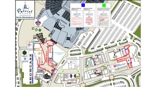 A map showing the designated outdoor refreshment areas at Patriot Place in Foxboro, Massachusetts.