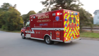 An ambulance leaves the scene of a stabbing in Bourne, Massachusetts, on Monday, Sept. 27, 2021.