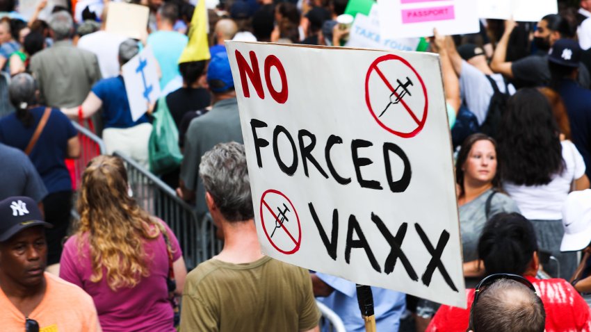 Hundreds are gathered in front of the City Hall to protest the vaccination mandate in New York, August 25, 2021.