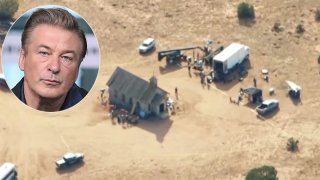 Alec Baldwin, inset, and Aerial footage at the scene of the "Rust" film set in New Mexico