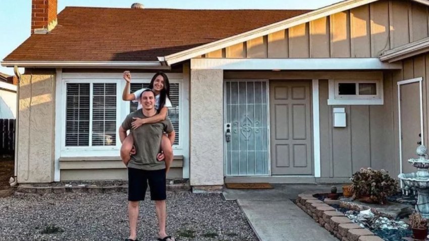 The home of Cody and Courtney Campbell in Santee, California, was one of two houses destroyed when a small plane crashed in their neighborhood on Oct. 11, 2021. The Campbells were not home at the time of the plane crash and were not hurt.