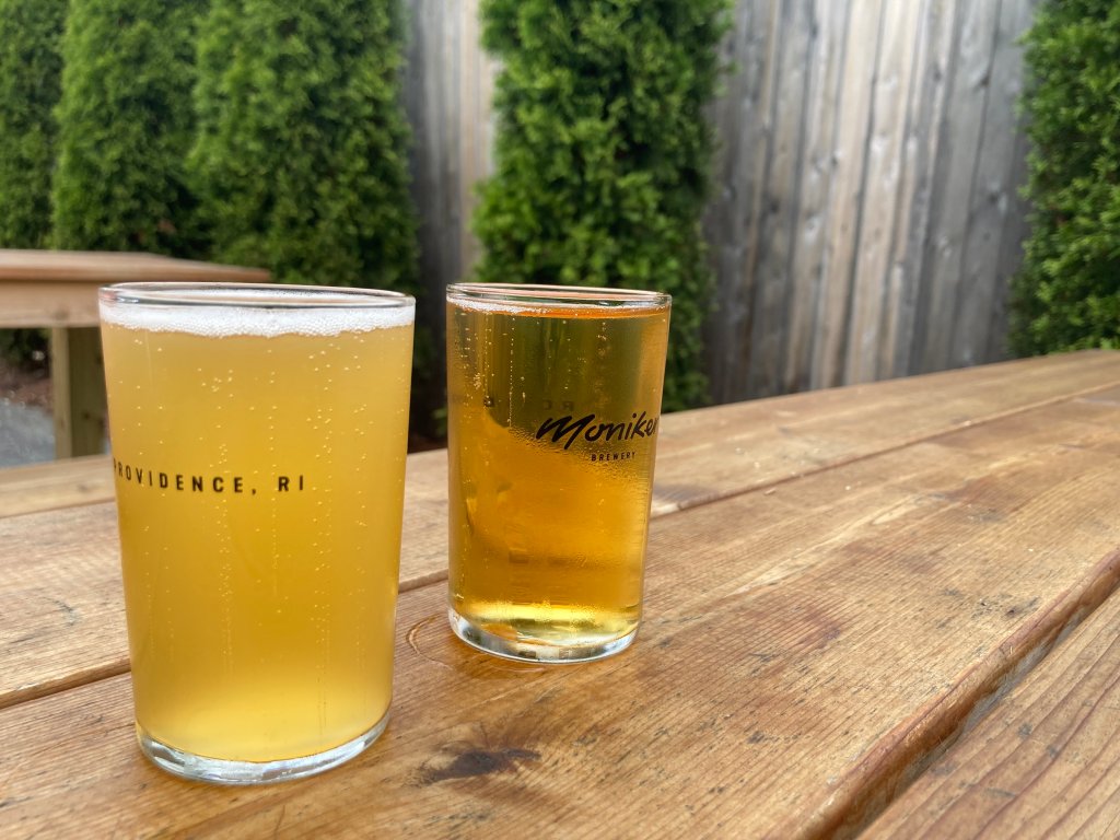 Two beers on the patio at Moniker Brewery