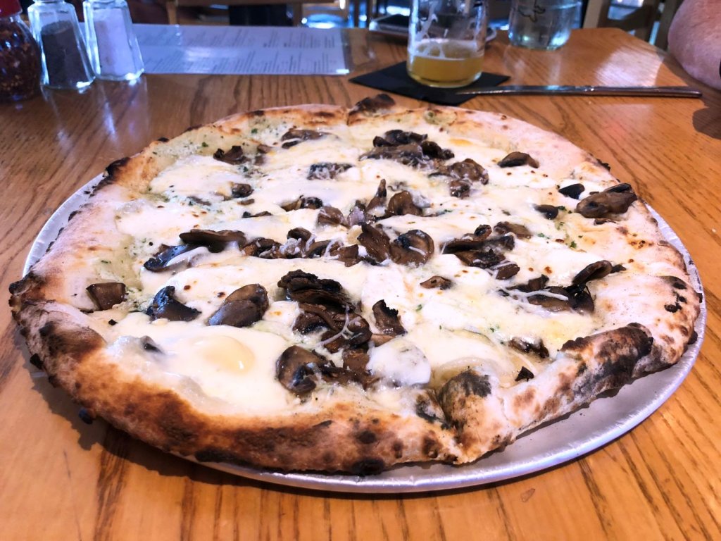Mushroom pizza at When Pig's Fly in Kittery, Maine