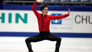 Vincent Zhou of the U.S. performs during a practice session of the ISU Grand Prix of Figure Skating NHK Trophy competition in Tokyo, Japan, Thursday, Nov. 11, 2021.