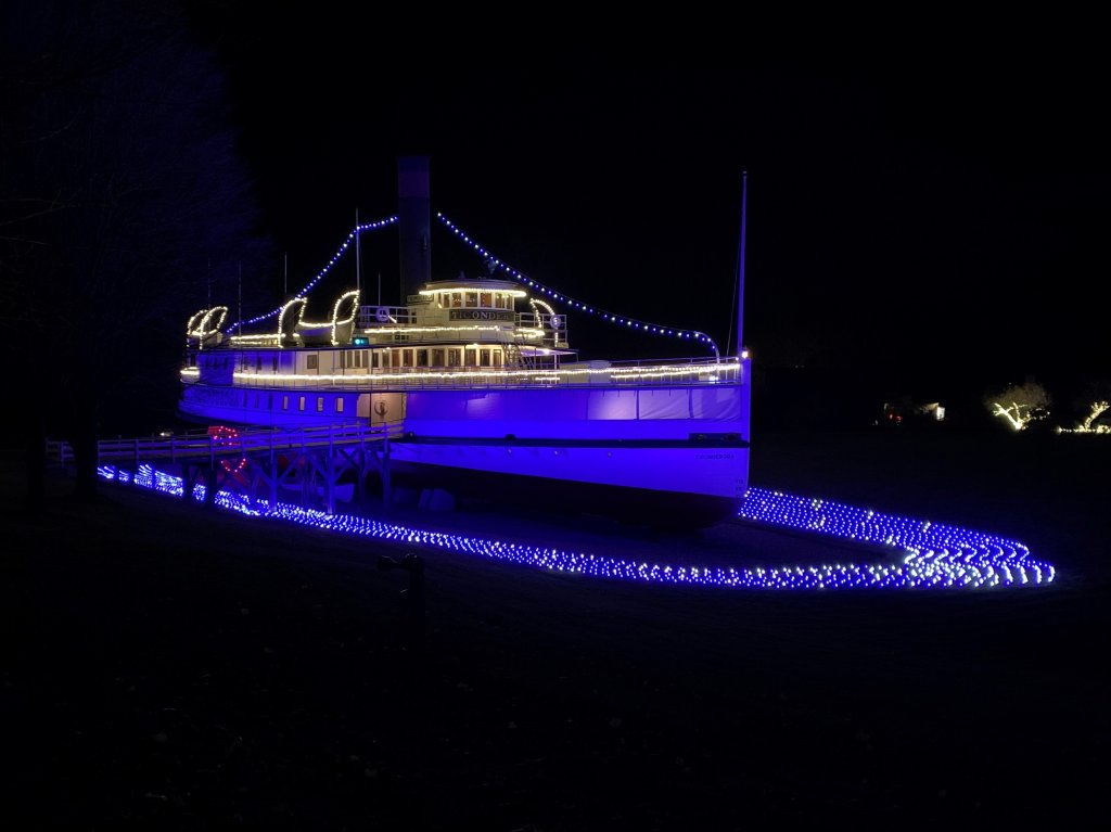 The steamboat Ticonderoga at the Shelburne Museum in lit up for "Winter Lights.' 