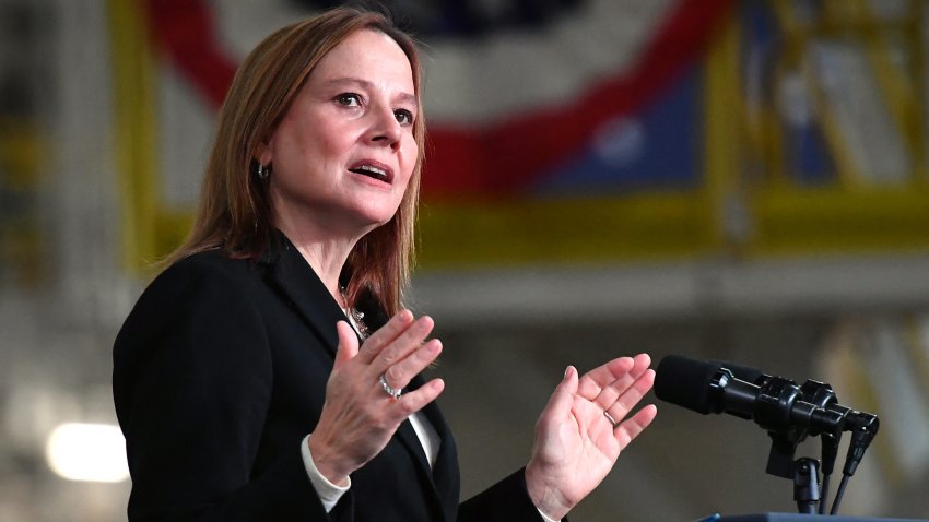 General Motors CEO Mary Barra speaks during a visit of the US president to the General Motors Factory ZERO electric vehicle assembly plant in Detroit, Michigan on November 17, 2021.