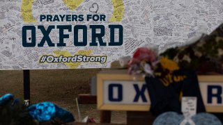 A board where community members can share words of support alongside the memorial outside of Oxford High School on Dec. 7, 2021, in Oxford, Michigan.