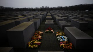 Wreaths placed at the Memorial to the Murdered Jews of Europe on the International Holocaust Remembrance Day in Berlin, Germany.