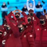 Team Canada arrives during the opening ceremony of the 2022 Winter Olympics, Friday, Feb. 4, 2022, in Beijing.