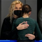 Coach Eteri Tutberidze, left, embraces Kamila Valieva, of the Russian Olympic Committee, during a training session at the 2022 Winter Olympics, Feb. 12, 2022, in Beijing.