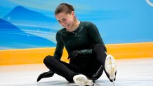 Kamila Valieva, of the Russian Olympic Committee, falls during a training session at the 2022 Winter Olympics, Feb. 13, 2022, in Beijing, China.